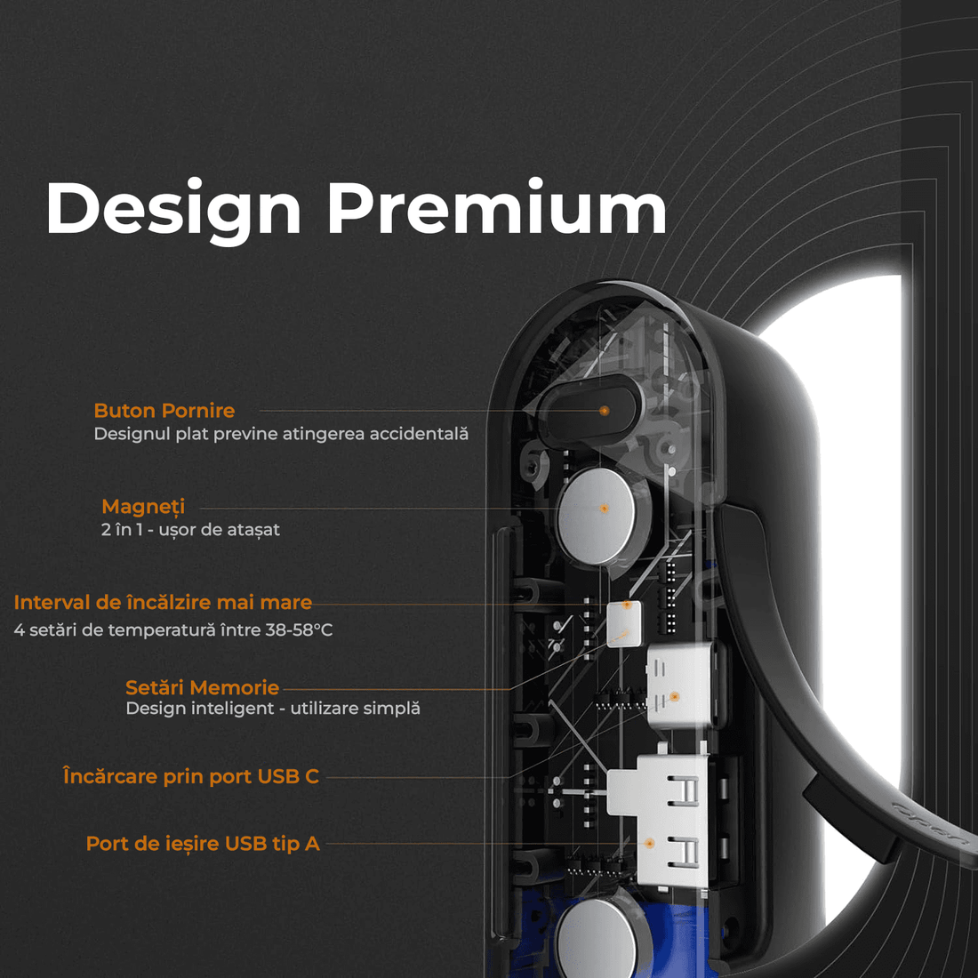 Set Încălzitoare de Mâini Reîncărcabile, Magnetice, 16 Ore de Căldură, 4 Nivele Până la 58°C, Încărcător Portabil USB-C 10000mAh, Negru