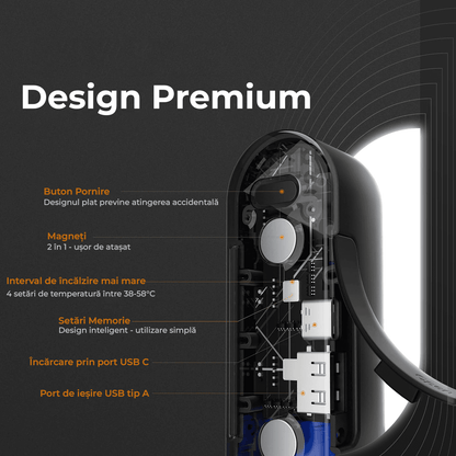 Set Încălzitoare de Mâini Reîncărcabile, Magnetice, 16 Ore de Căldură, 4 Nivele Până la 58°C, Încărcător Portabil USB-C 10000mAh, Negru