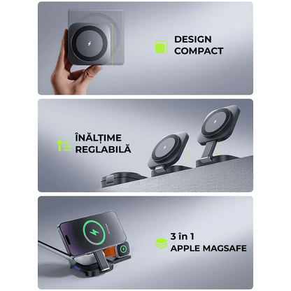 Încărcător Wireless 3 în 1 Pliabil pentru Apple, Magsafe, iPhone, iPad, AirPods, Negru