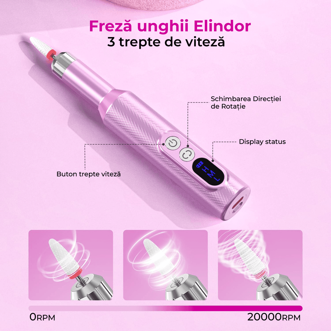 Freză unghii profesională Elindor, 20.000 RPM, wireless, 11 capete, 30 benzi de șlefuire, mov