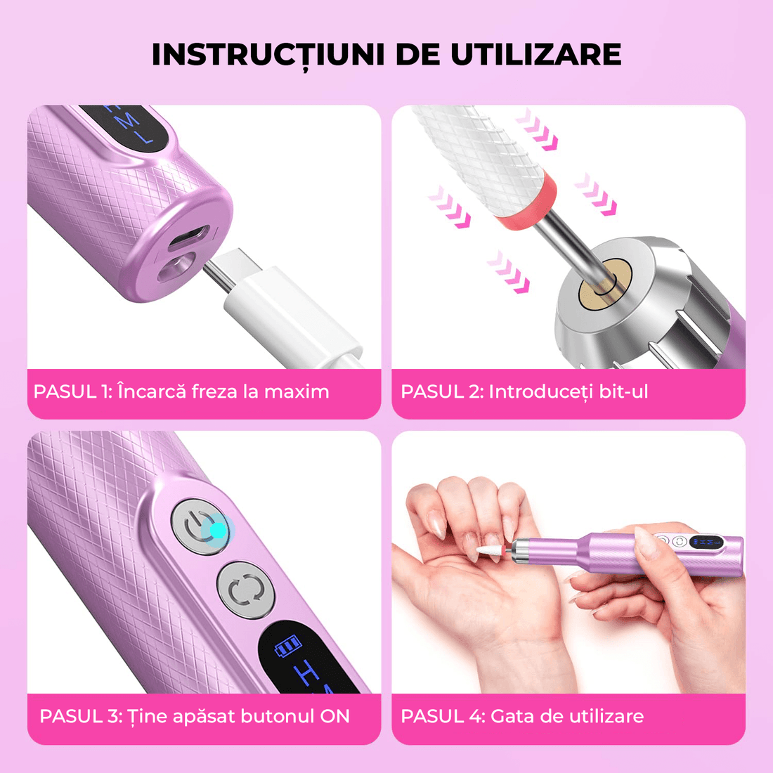 Freză unghii profesională Elindor, 20.000 RPM, wireless, 11 capete, 30 benzi de șlefuire, mov