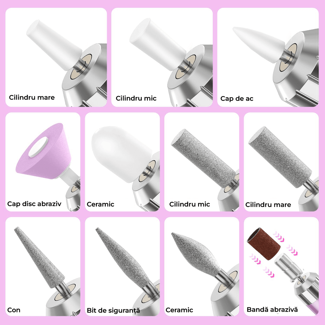 Freză unghii profesională Elindor, 20.000 RPM, wireless, 11 capete, 30 benzi de șlefuire, mov