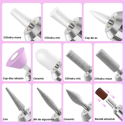 Freză unghii profesională Elindor, 20.000 RPM, wireless, 11 capete, 30 benzi de șlefuire, mov