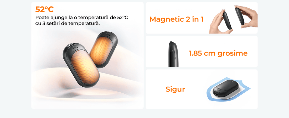 Set 2 Încălzitoare de Mâini Slim, Magnetice și Reîncărcabile, cu 3 Setări de Căldură, Electrice și Portabile, Violet