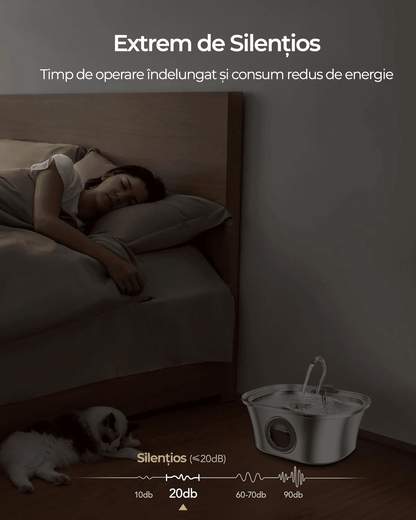 Dispenser Apă Automat pentru Pisici și Câini, 3.2L, Oțel Inoxidabil 304, Filtrare Multiplă, Ultra-Silențios, Argintiu