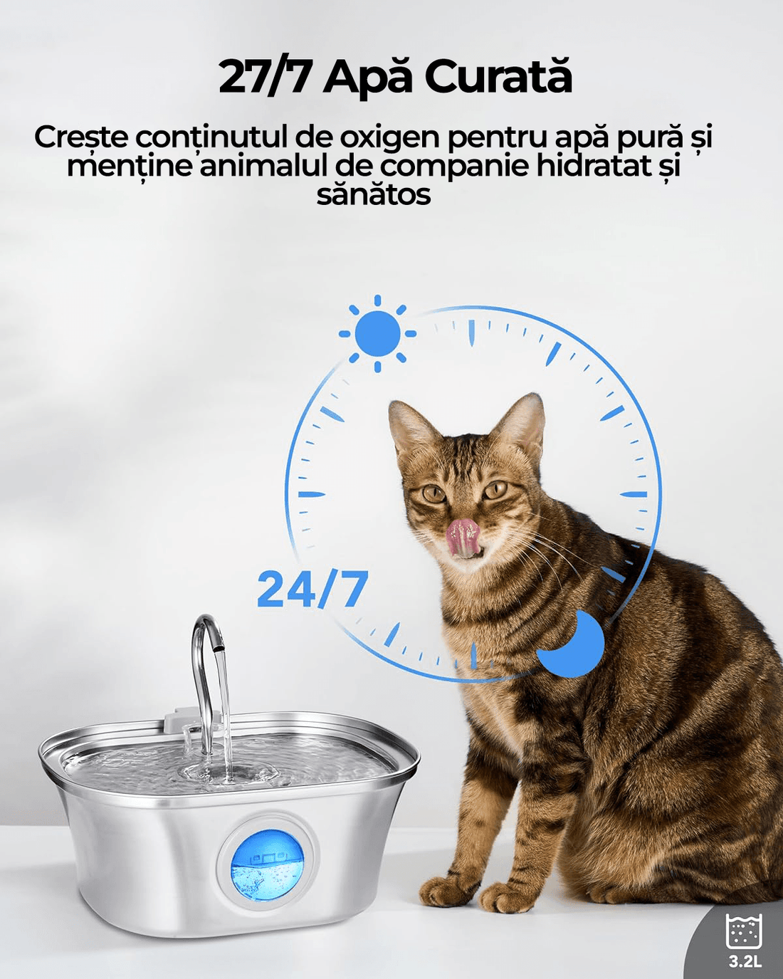 Dispenser Apă Automat pentru Pisici și Câini, 3.2L, Oțel Inoxidabil 304, Filtrare Multiplă, Ultra-Silențios, Argintiu