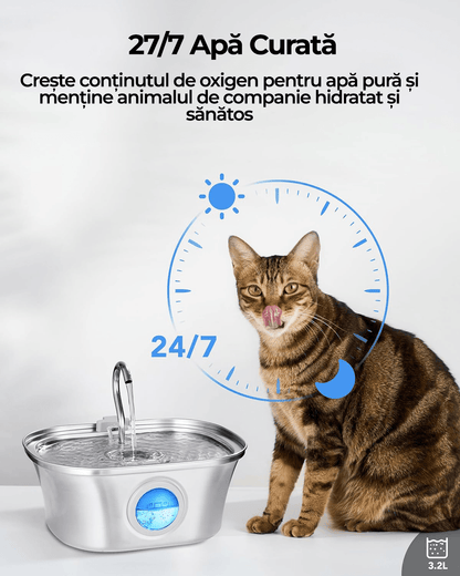 Dispenser Apă Automat pentru Pisici și Câini, 3.2L, Oțel Inoxidabil 304, Filtrare Multiplă, Ultra-Silențios, Argintiu