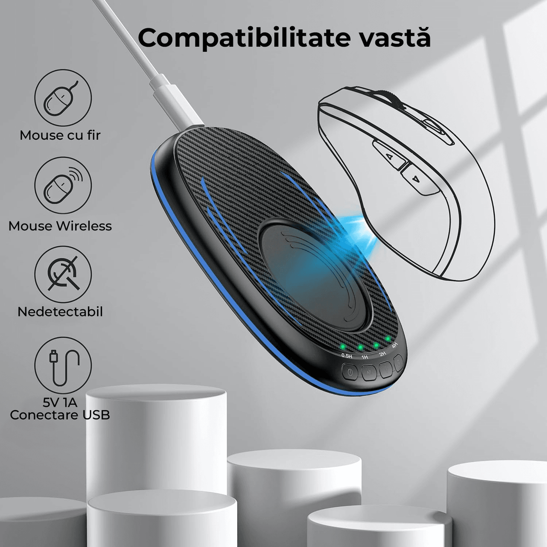 Mouse Jiggler Slim, Nedetectabil, Silentios, Timer, Buton ON-OFF, Fără Driver, Lumina Ambientală, Negru