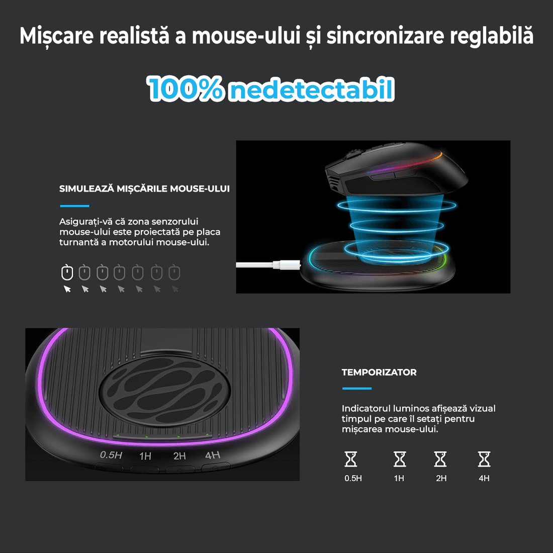 Mouse Jiggler Ultra Slim, Silentios, Timer Reglabil, Buton ON-OFF, Nedetectabil, Iluminare Ambientală, Negru