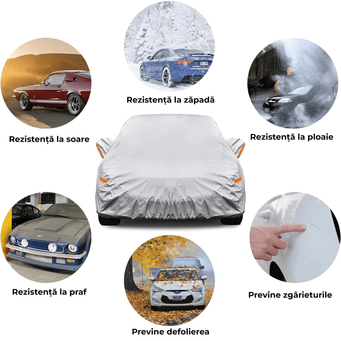 Prelată Auto Premium 6 Straturi, Impermeabilă, Protecție UV, Praf și Zăpadă, Accesorii Masina,Universală pentru Hatchback, Mărime M, 382 x 165 x 120 cm