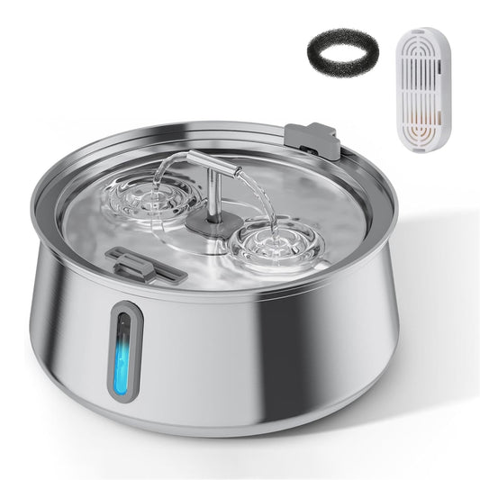 Dispenser Apă Automat pentru Pisici și Câini, 4.0L, Rotund, Robinet T, Filtrare 5 Etape, Ultra-Silențios, Argintiu