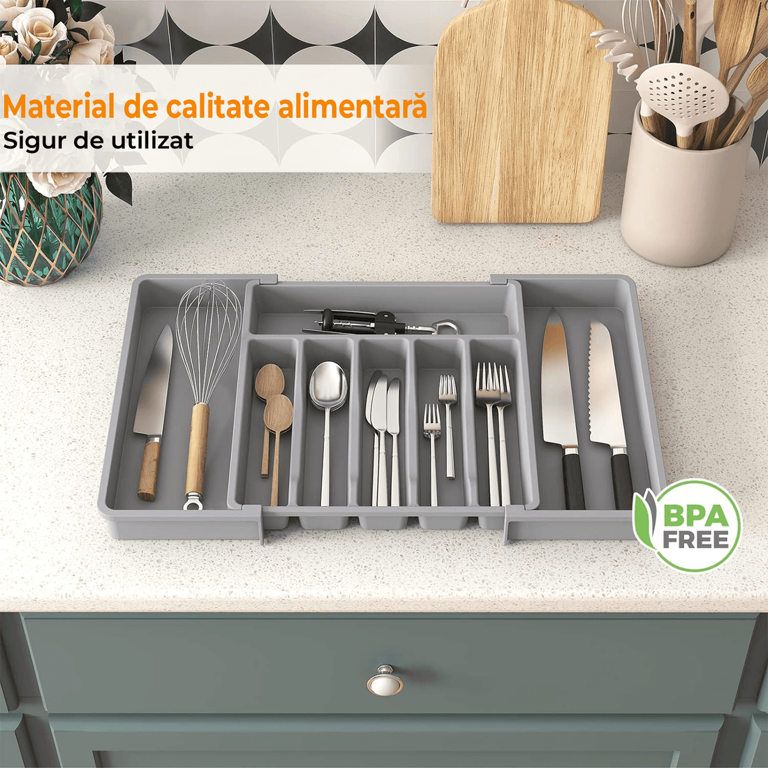 Organizator Tacâmuri Sertar Extensibil, Suport Ajustabil pentru Tacâmuri și Cuțite, Gri