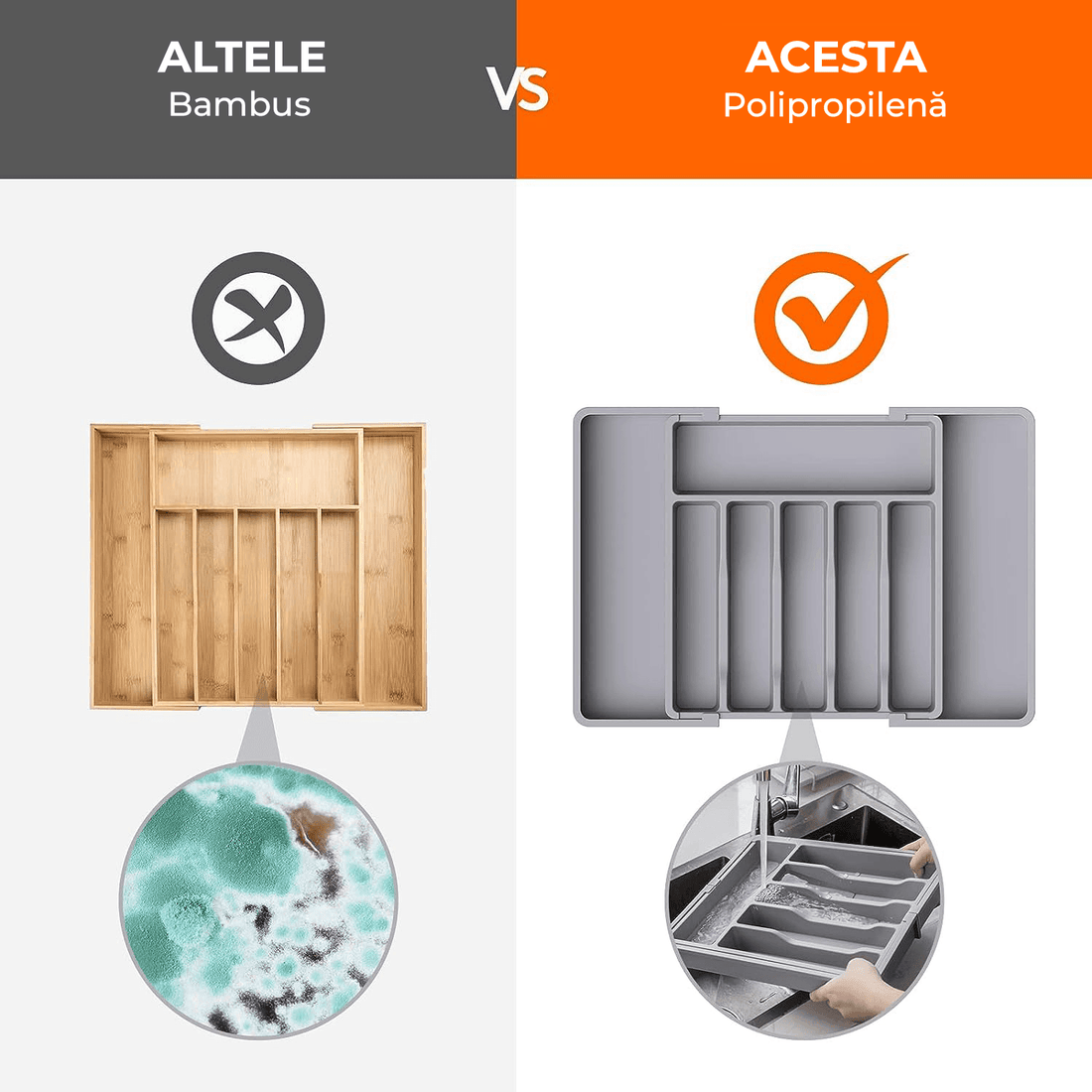 Organizator Tacâmuri Sertar Extensibil, Suport Ajustabil pentru Tacâmuri și Cuțite, Gri