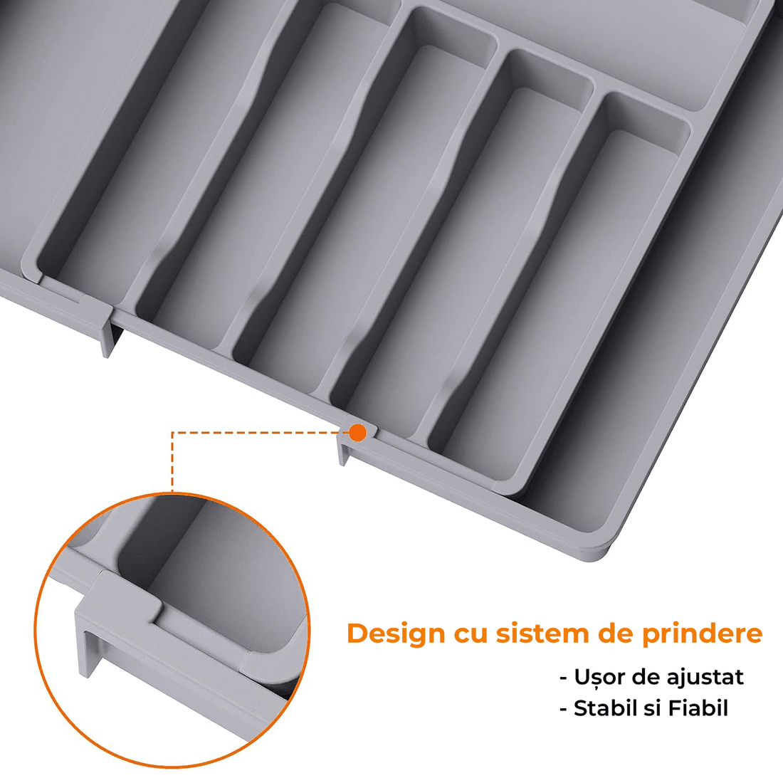 Organizator Tacâmuri Sertar Extensibil, Suport Ajustabil pentru Tacâmuri și Cuțite, Gri