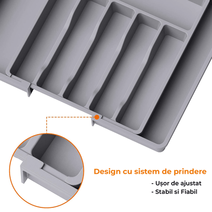 Organizator Tacâmuri Sertar Extensibil, Suport Ajustabil pentru Tacâmuri și Cuțite, Gri