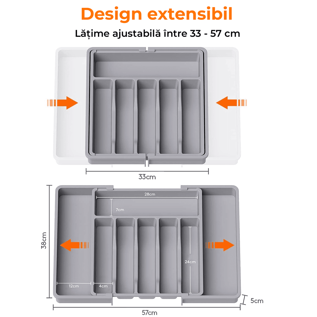 Organizator Tacâmuri Sertar Extensibil, Suport Ajustabil pentru Tacâmuri și Cuțite, Gri