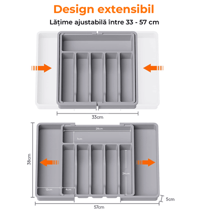 Organizator Tacâmuri Sertar Extensibil, Suport Ajustabil pentru Tacâmuri și Cuțite, Gri