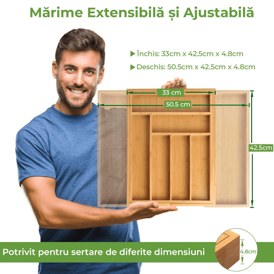 Organizator Tacâmuri și Ustensile Bucătărie din Bambus, Tavă Reglabilă, 43 cm