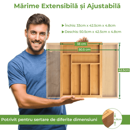 Organizator Tacâmuri și Ustensile Bucătărie din Bambus, Tavă Reglabilă, 43 cm