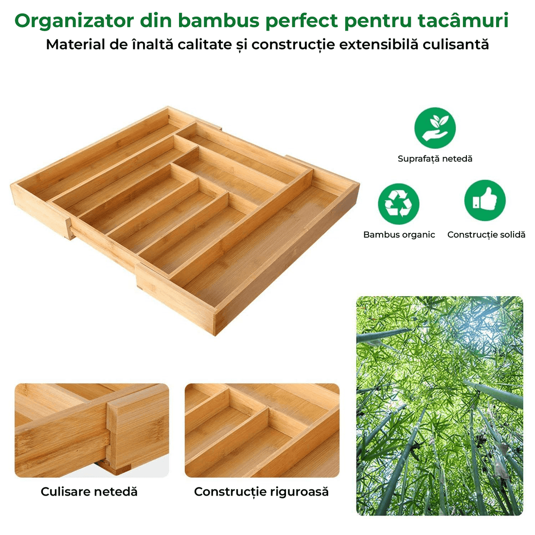 Organizator Tacâmuri și Ustensile Bucătărie din Bambus, Tavă Reglabilă, 43 cm