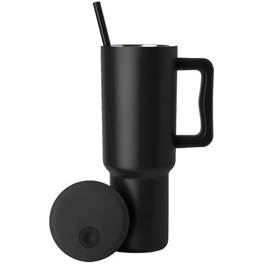 Cană Termos cu Mânere și Capac cu Pai, 1200 ml, Oțel Inoxidabil, Negru