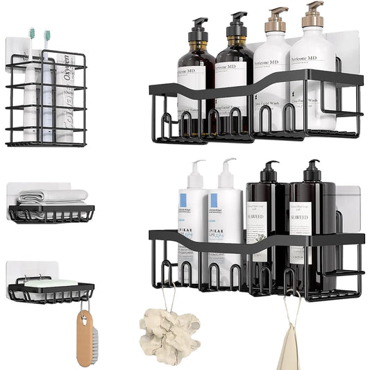 Raft de Duș și Organizator Baie, Set 5 Bucăți, Negru, Adeziv, Fără Găuri