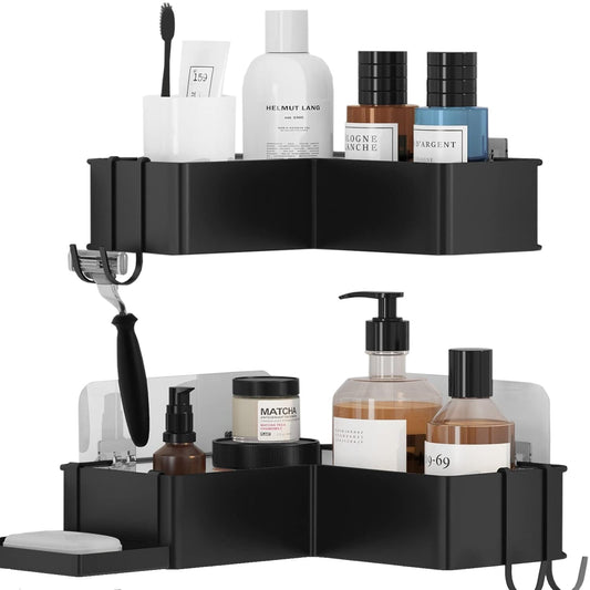 Raft de Duș Colț, Set 2 Etajere, Oțel Inoxidabil, Fără Gauri, Negru