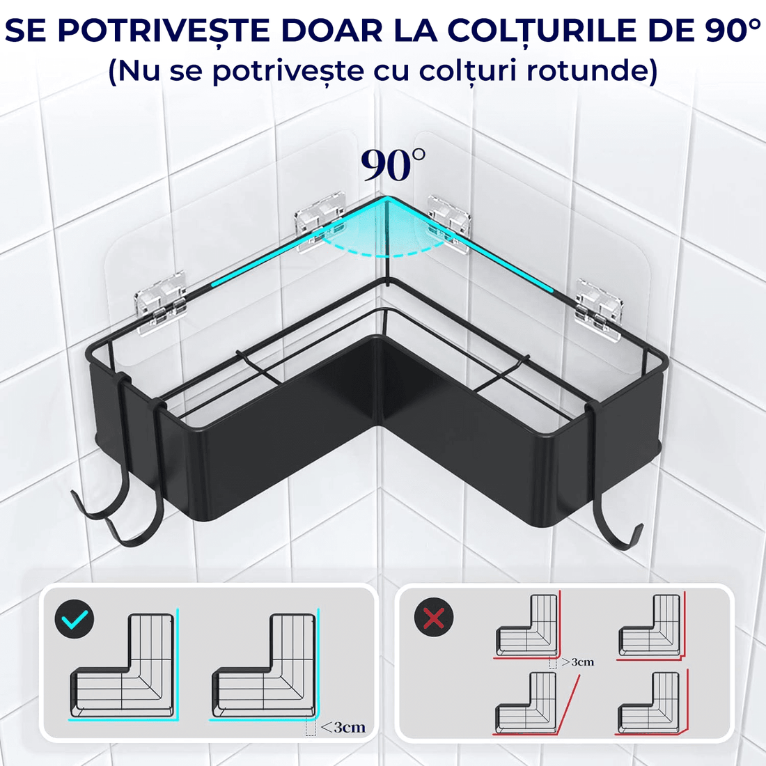Raft de Duș Colț, Set 2 Etajere, Oțel Inoxidabil, Fără Gauri, Negru