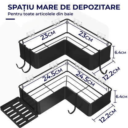 Raft de Duș Colț, Set 2 Etajere, Oțel Inoxidabil, Fără Gauri, Negru