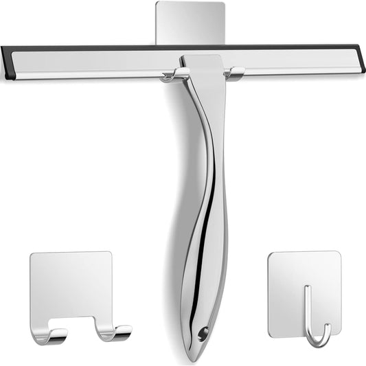 Racletă Duș Profesională din Oțel Inoxidabil, 25 cm, cu 2 Cârlige Aderente, Argintiu