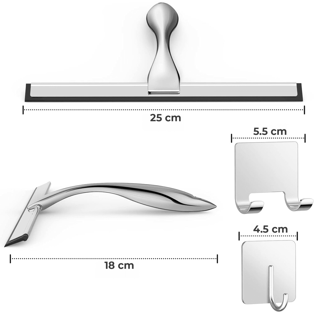 Racletă Duș Profesională din Oțel Inoxidabil, 25 cm, cu 2 Cârlige Aderente, Argintiu