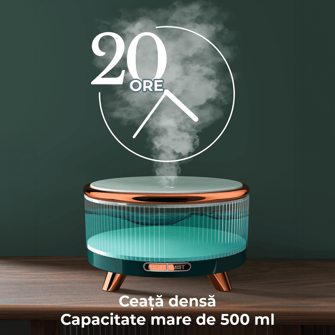 Difuzor de Ulei Esențial și Umidificator de Aer, 500 ml, 7 Culori Ambientale, Textură de Marmură, Verde