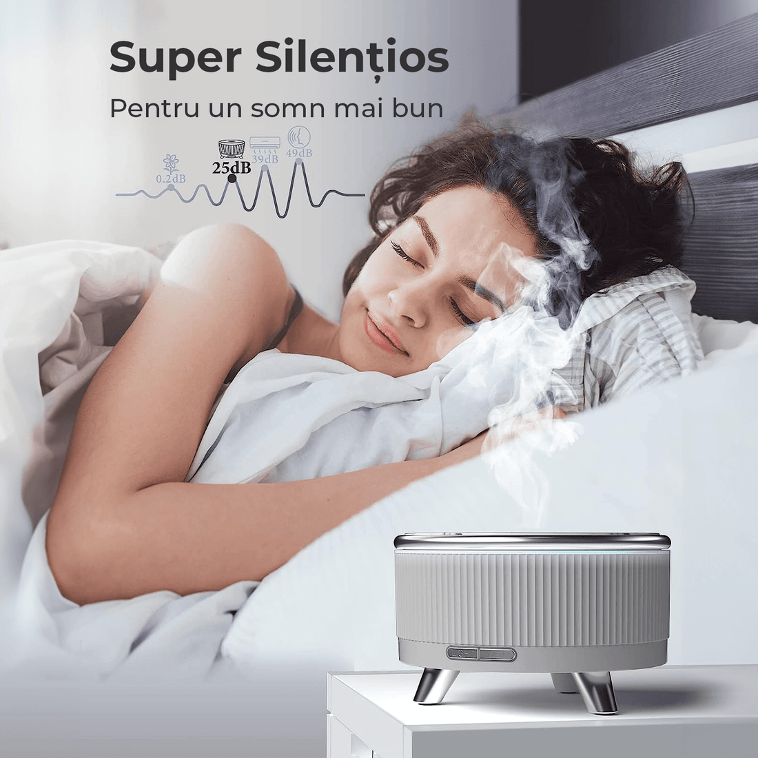 Difuzor de Ulei Esențial și Umidificator de Aer, 500 ml, 7 Culori Ambientale, Textură de Marmură, Gri