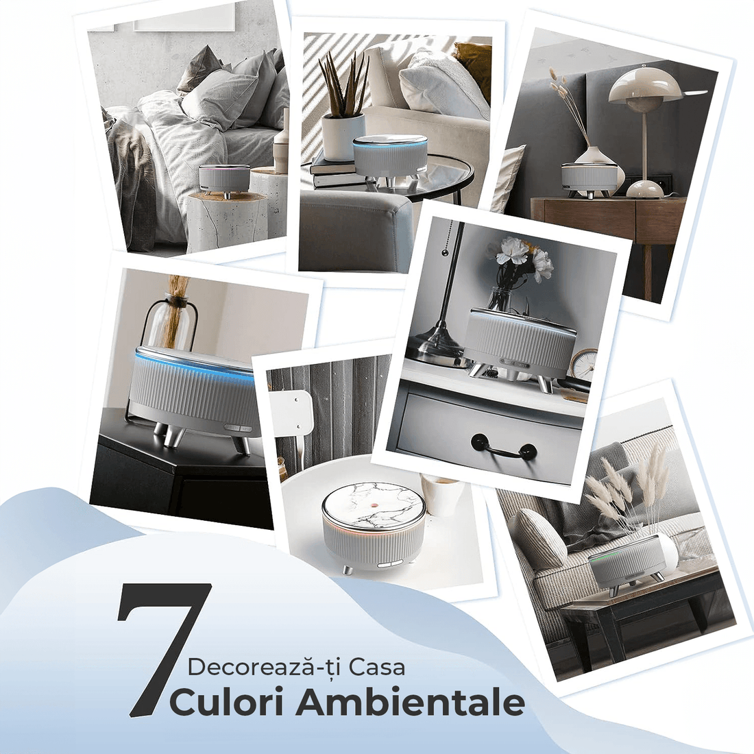 Difuzor de Ulei Esențial și Umidificator de Aer, 500 ml, 7 Culori Ambientale, Textură de Marmură, Gri