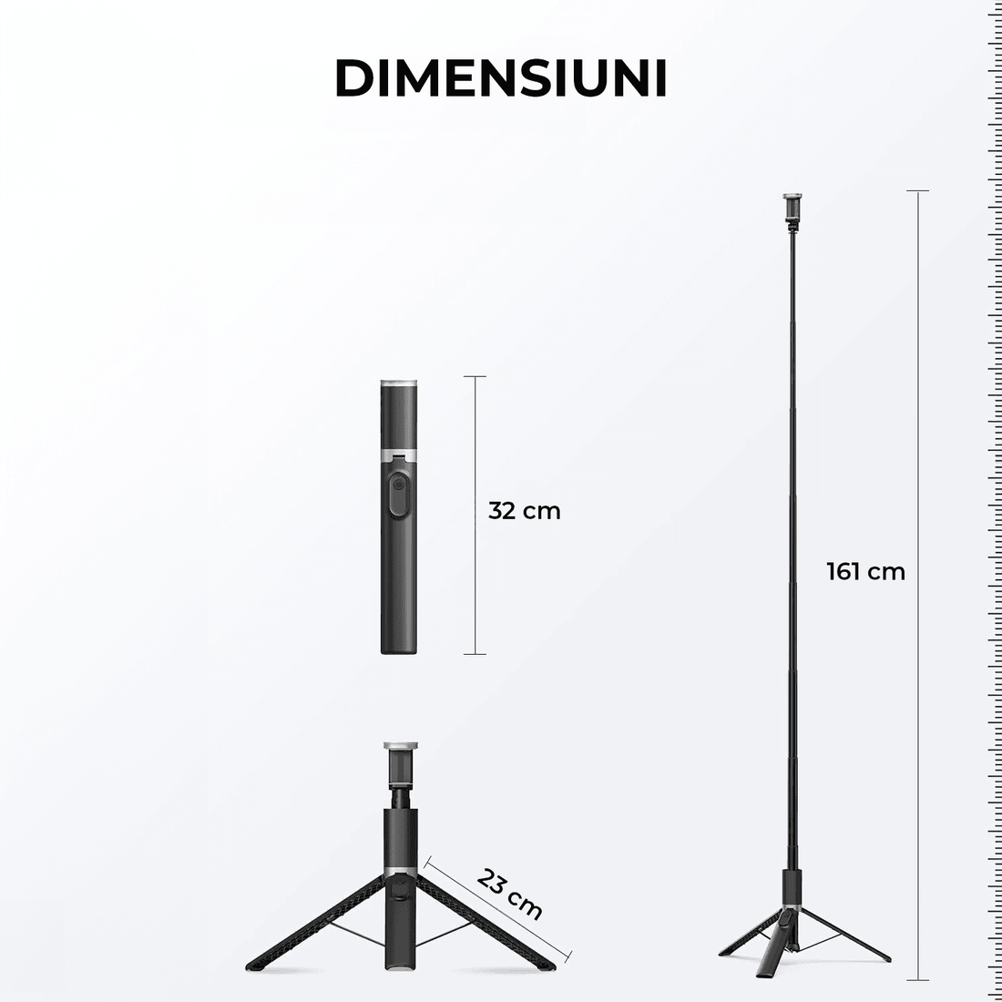 Trepied Portabil Telefon, Selfie Stick cu Telecomandă, Suport 160 cm, Negru