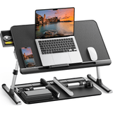 Masă Pliabilă pentru Laptop, Multifuncțională, Ajustabilă, din Piele PVC, Birou Portabil cu Sertar de Depozitare, Negru