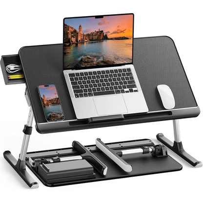 Masă Pliabilă pentru Laptop, Multifuncțională, Ajustabilă, din Piele PVC, Birou Portabil cu Sertar de Depozitare, Negru