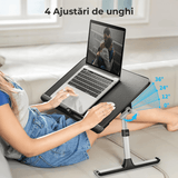 Masă Pliabilă pentru Laptop, Multifuncțională, Ajustabilă, din Piele PVC, Birou Portabil cu Sertar de Depozitare, Negru