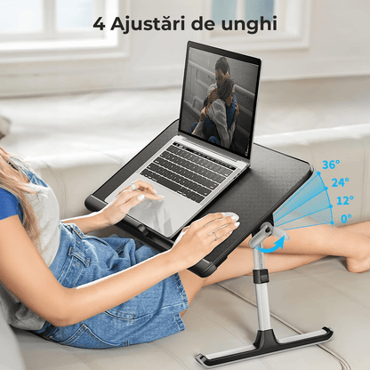 Masă Pliabilă pentru Laptop, Multifuncțională, Ajustabilă, din Piele PVC, Birou Portabil cu Sertar de Depozitare, Negru