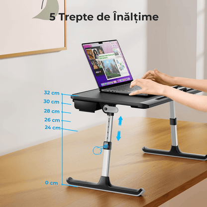 Masă Pliabilă pentru Laptop, Multifuncțională, Ajustabilă, din Piele PVC, Birou Portabil cu Sertar de Depozitare, Negru