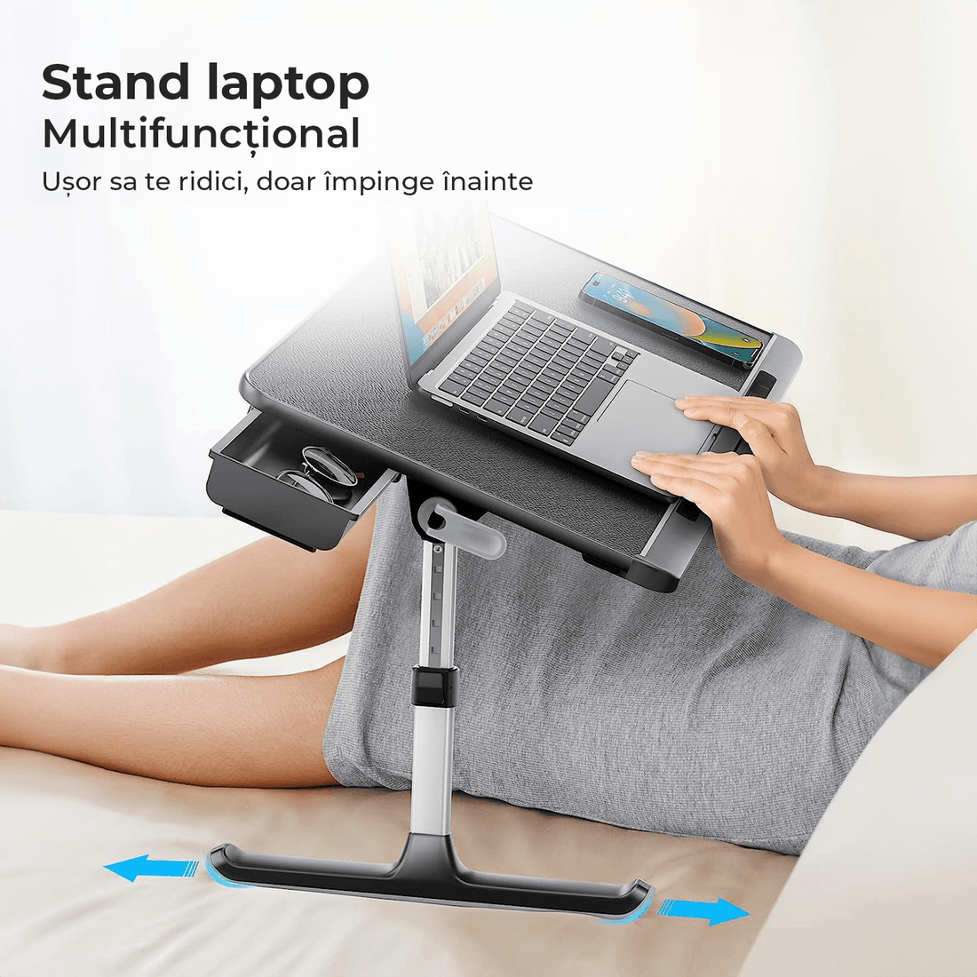 Masă Pliabilă pentru Laptop, Multifuncțională, Ajustabilă, din Piele PVC, Birou Portabil cu Sertar de Depozitare, Negru