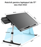 Masă Pliabilă pentru Laptop, Multifuncțională, Ajustabilă, din Piele PVC, Birou Portabil cu Sertar de Depozitare, Negru