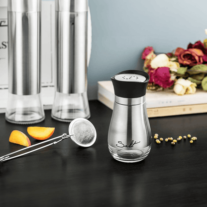 Set 2 Recipiente Sare și Piper, Oțel Inoxidabil și Sticlă Transparentă, 115 ml, Argintiu