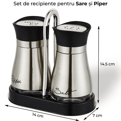 Set 2 Recipiente Sare și Piper, Oțel Inoxidabil și Sticlă Transparentă, 115 ml, Argintiu