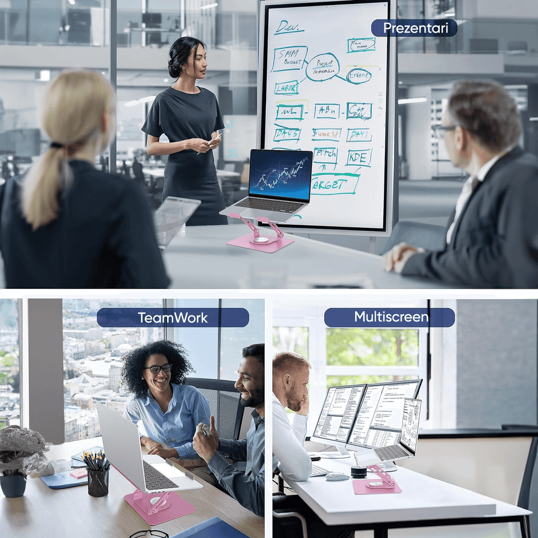 Suport Laptop si Tableta Elindor®, Masa Ergonomica Reglabila si Portabila, Stand Universal cu Baza Rotativa 360°, Antiderapanta, Compatibil 10–15.5 Inch, Ideal pentru Birou, Acasa si Calatorii, Roz