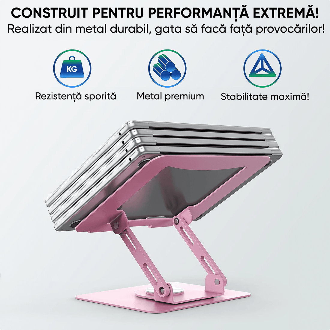 Suport Laptop si Tableta Elindor®, Masa Ergonomica Reglabila si Portabila, Stand Universal cu Baza Rotativa 360°, Antiderapanta, Compatibil 10–15.5 Inch, Ideal pentru Birou, Acasa si Calatorii, Roz