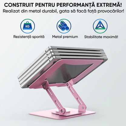 Suport Laptop si Tableta Elindor®, Masa Ergonomica Reglabila si Portabila, Stand Universal cu Baza Rotativa 360°, Antiderapanta, Compatibil 10–15.5 Inch, Ideal pentru Birou, Acasa si Calatorii, Roz