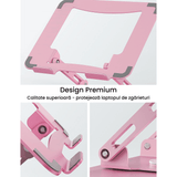 Suport Laptop si Tableta Elindor®, Masa Ergonomica Reglabila si Portabila, Stand Universal cu Baza Rotativa 360°, Antiderapanta, Compatibil 10–15.5 Inch, Ideal pentru Birou, Acasa si Calatorii, Roz