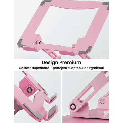 Suport Laptop si Tableta Elindor®, Masa Ergonomica Reglabila si Portabila, Stand Universal cu Baza Rotativa 360°, Antiderapanta, Compatibil 10–15.5 Inch, Ideal pentru Birou, Acasa si Calatorii, Roz