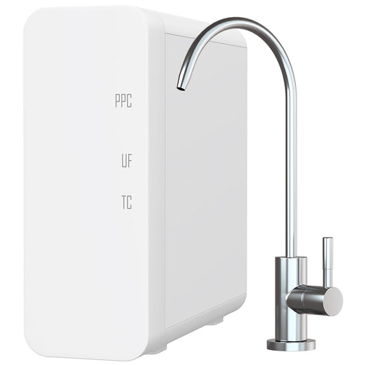 Filtru Apă Potabilă Sub Chiuvetă GX99 UF Compact, 0.01 Microni, 4.5 l/min, 4 Trepte, Baterie Inclusă, Alb